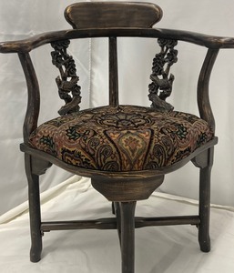 lot 3 image: Antique Victorian Corner Chair w Floral & Bird Engravings & Tapestry Seat