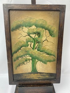 lot 12 image: Primitive Painting on Wood and Wood Basket