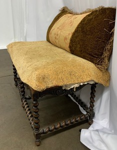 lot 45 image: Antique Ornate Wood Bench w Long Throw Pillow