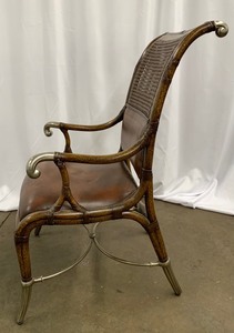 lot 46 image: Gorgeous Antique Leather Arm Chair w Cane Back & Silver Metal Accents