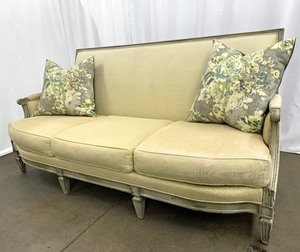 lot 43 image: Hickory Chair Co. Ecru Sofa with Goose Feather Pillows- Pottery Barn