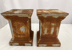 lot 83 image: Vintage Pair of Square Cast Iron Columnar Pedestal Stands - 14.5 Tall