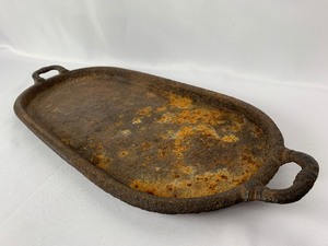 lot 87 image: Antique Iron and Tin Farmhouse Decor - Iron Griddle, Bucket, Coal Shovel