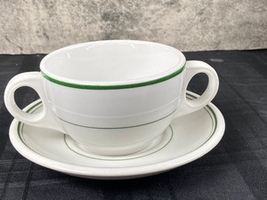 lot 37 image: Mid-Century White & Green Stripe China Soup Cups, Saucers & Vegetable BowlsShenango, Sterling & Wellsville