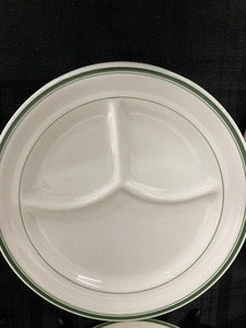 lot 38 image: Vitrified White & Green Stripe Buffet Plates - Homer Laughlin Shenango Buffalo Albert Pick Co.