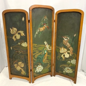 lot 2A image: Gorgeous Vintage Wooden 3-Section Folding Room Screen - Handpainted w Kingfisher Birds