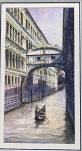 lot 99 image: Hand-Colored Etching of Venice Canal in Beautiful Carved Black Wood Frame
