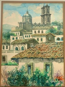 lot 101 image: Framed Village Watercolor from a Southern Clime - 14 x 17