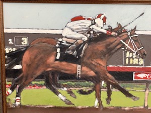 lot 106 image: Nathan Solano Framed Painting of Neck and Neck Horse Race Finish at Canterbury Downs - 1987