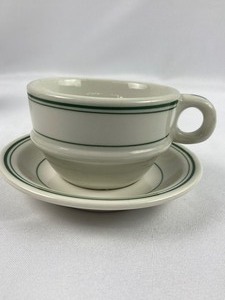 lot 40 image: Restaurant Ware White & Green Cups & Saucers  Homer Laughlin, Sterling, Wellsville