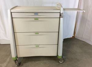 MSRP $3000 AVALO MEDICAL MEDICATION PROCEDURE 4 DRAWER CART WITH SLIDE OUT SIDE TRAY FOR EXTRA WORK SPACE &amp LARGE LOCKING WHEELS - GOOD CONDITION LOCK HAS BEEN REMOVED... LARGE 44 TALL 38 WIDE 24 DEPTH