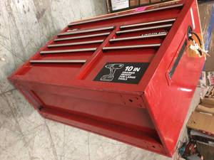 42 in. W x 18.1 in. D 10-Drawer Mobile Workbench with Solid Wood Top in Red by Husky No Keys , no wheels, damaged on the side Customer Returns See Pictures