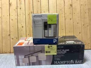 lot 36 image: Hampton Bay Oron 3-Light Brushed Steel Island Light with White Glass Shades Customer Returns See Pictures