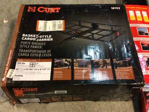 lot 75 image: CURT 60 x 24 Black Steel Basket Cargo Carrier (Folding 2 Shank, 500 lbs.) Customer Returns See Pictures