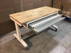 lot 112 image: 52 in. Adjustable Height Work Table with 2-Drawers in White by Husky Customer Returns See Pictures