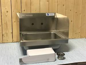 lot 81 image: 18-Gauge 17 in. Stainless Steel Wall Mount 1-Compartment Commercial Kitchen Hand Sink with Faucet and Sidesplashes