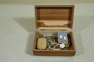 lot 40 image: Wood Jewelry Box with Costume Jewelry - Precious Moments