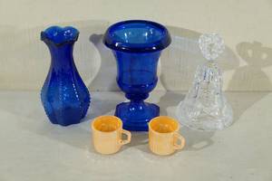 lot 106 image: Cobalt Blue Vases, Fire King Cups, Crystal Bell