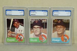 lot 55 image: 3 Graded 1963 Topps Minnesota Twins Cards - Power, Rollins, Stigman