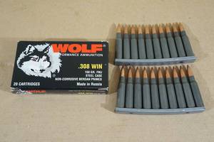 lot 93 image: 20 Wolf .308 Win 150 Gr FMJ Steel Case Ammo on Stripper Clips