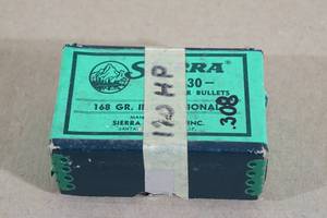 lot 153 image: 100 Sierra 30 Cal .308 168 Gr International SP Bullets