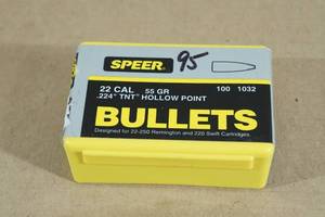 lot 166 image: 95 Speer 22 Cal .224 55 Gr TNT HP Bullets