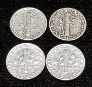 4 US SILVER DIMES AS PICTURED 2 MERCURY 2 ROOSEVELT