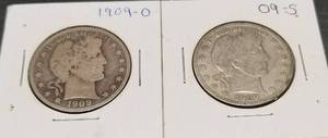 2 BARBER HALF DOLLARS 1909-O 1909-S