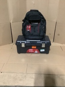 lot 10 image: Husky 16 in. Pro Tool Backpack & 26 in. Black Tool Box with Metal Latches. See Pictures