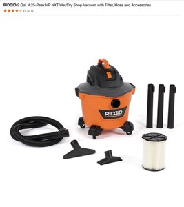 lot 16 image: RIDGID 9 Gal. 4.25-Peak HP NXT WetDry Shop Vacuum with Filter, Hose and Accessories. See Pictures