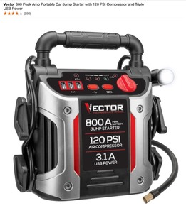 lot 24 image: Vector 800 Peak Amp Portable Car Jump Starter with 120 PSI Compressor and Triple USB Power & 120-Watt Portable Car Power Inverters. See Pictures