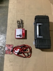 lot 27 image: Husky 26 in. Black Tool Box with Metal Latches, 38 Impact Wrench, Booster Cables & 37-Piece 38 Master Bit Sockets. See Pictures