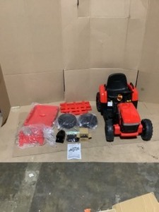lot 48 image: TOBBI 12-Volt Kids Ride-On Tractor Car Rechargeable Battery Powered Truck with TrailerLED LightsUSB and Bluetooth, Red. See Pictures