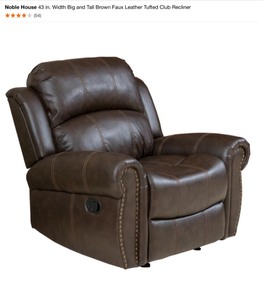 lot 55 image: Noble House 43 in. Width Big and Tall Brown Faux Leather Tufted Club Recliner. See Pictures