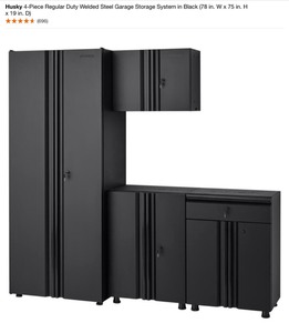 lot 57 image: Husky 4-Piece Regular Duty Welded Steel Garage Storage System in Black (78 in. W x 75 in. H x 19 in. D). See Pictures