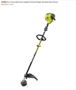 RYOBI 25cc 2-Cycle Attachment Capable Full Crank Straight Gas Shaft String Trimmer. See Pictures