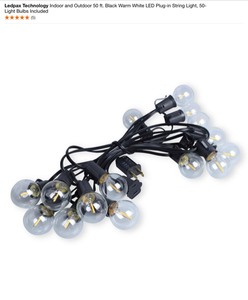 Ledpax Technology Indoor and Outdoor 50 ft. Black Warm White LED Plug-in String Light & Newport Coastal Patio Lights 7-Light Antique Copper Incandescent Rustico String Lanterns. See Pictures