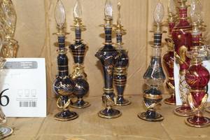 lot 175 image: Lot of (5) Hand Blown Decorative Pyrex Glass Egyptian Oil Canter with Stopper Blue14k Gold Accent