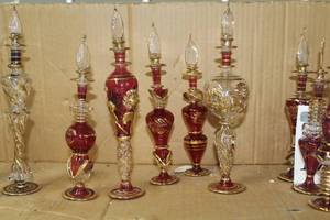 lot 170 image: Lot of (5) Hand Blown Decorative Pyrex Glass Egyptian Oil Canter with Stopper Red14k Gold Accent