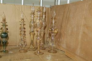 lot 174 image: Lot of (5) Hand Blown Decorative Pyrex Glass Egyptian Oil Canter with Stopper Clear14k Gold Accent