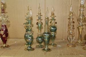 lot 171 image: Lot of (5) Hand Blown Decorative Pyrex Glass Egyptian Oil Canter with Stopper Green14k Gold Accent