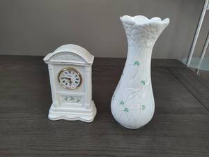 lot 50 image: Belleek Vase and Mantle Clock