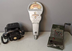 lot 59 image: Vintage Park-O-Meter, Vintage Phone, & Vintage Todd Century Eight Protectograph - A