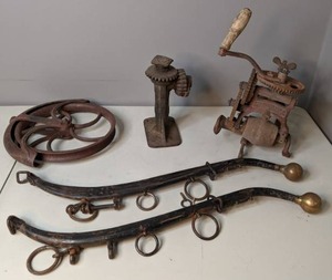 lot 61 image: Vintage Horse Hames, Pulley, Model-T Jack, & Sickle Sharpener - A