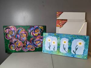 lot 30 image: Lot of 3 Blank Artist Canvases and 2 Paintings - A