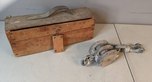 lot 43 image: Vintage Hand Tools in Wooden Toolbox and Double Pulley - A