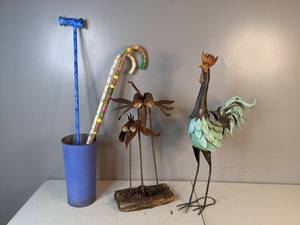 lot 45 image: Metal Rooster Sculpture, Upcycled Metal Bird Sculpture, Umbrella Stand and Canes - A