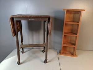 lot 46 image: Vintage Drop Leaf Rolling Stand by Metalstand Co., and Wooden Small Shelf - A