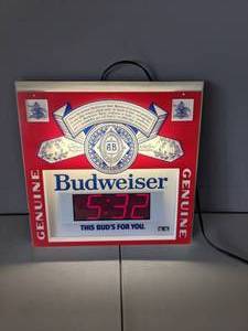 lot 22 image: Budweiser Beer Lighted Wall SignDigital Clock - A