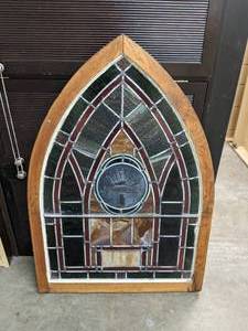 lot 95 image: Wood Frame Stained Glass Window - A